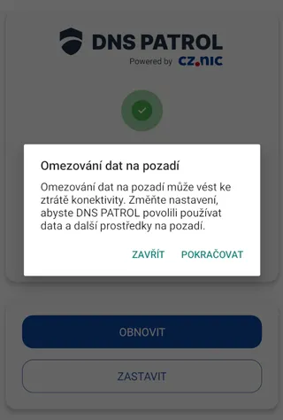 Upozornění na omezování dat na pozadí.