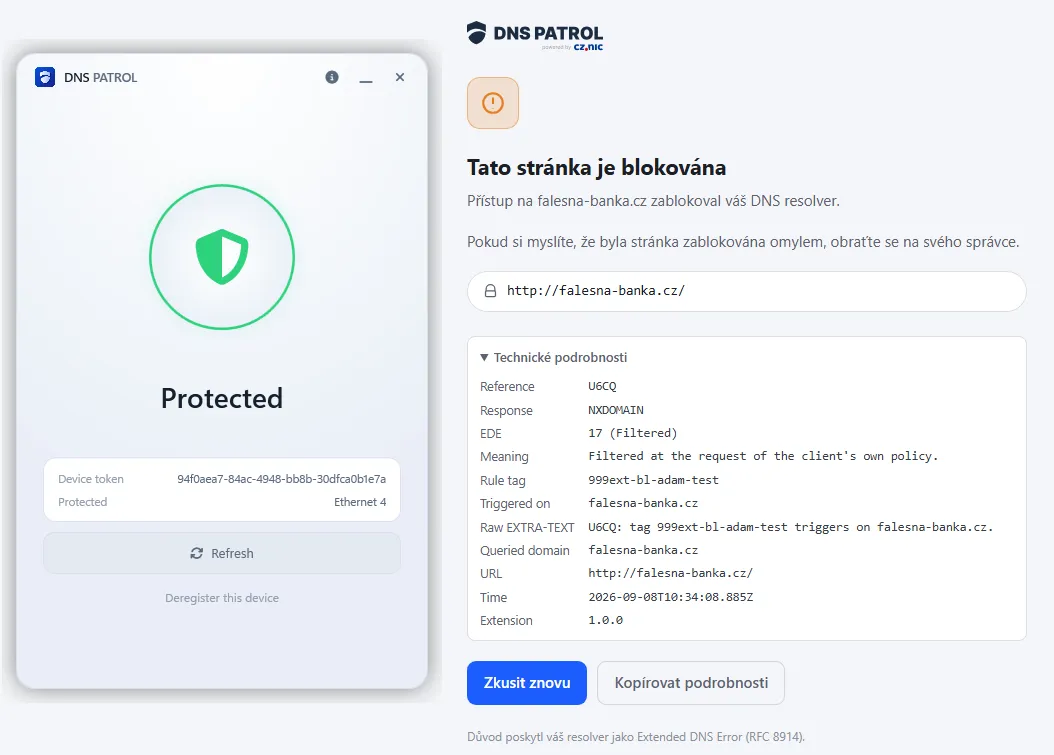 The application in the Protected state and the blocked domain page with technical details expanded.