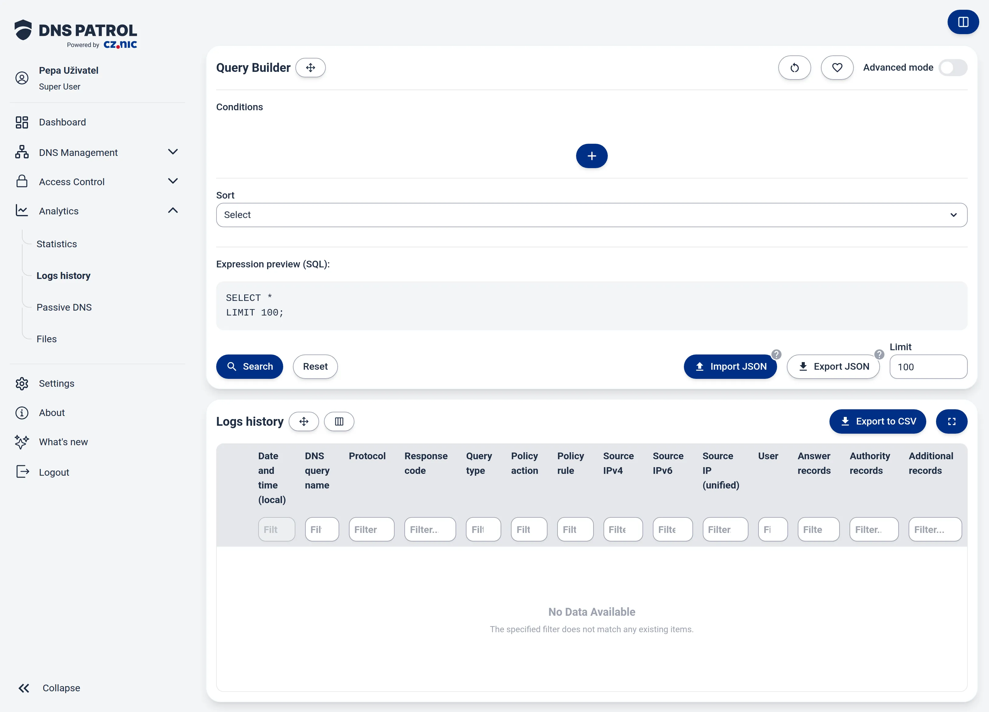 The Logs history page with the query builder.
