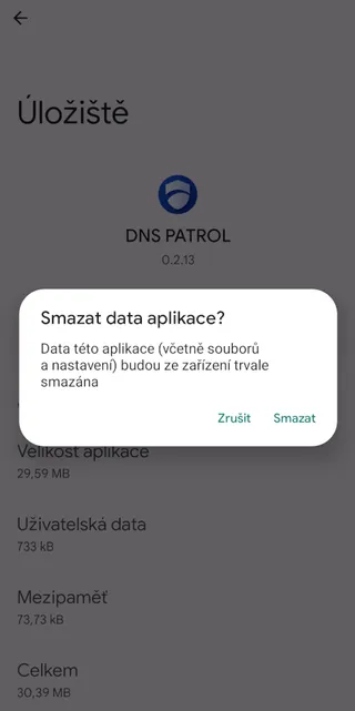 Potvrzení smazání dat aplikace.