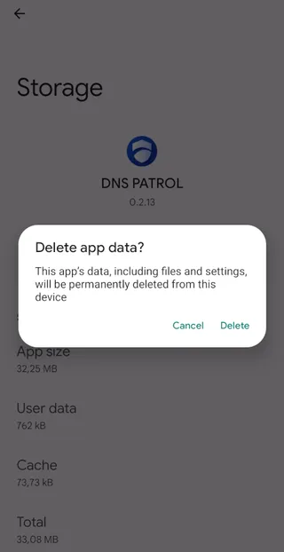 Confirming the deletion of the application data.