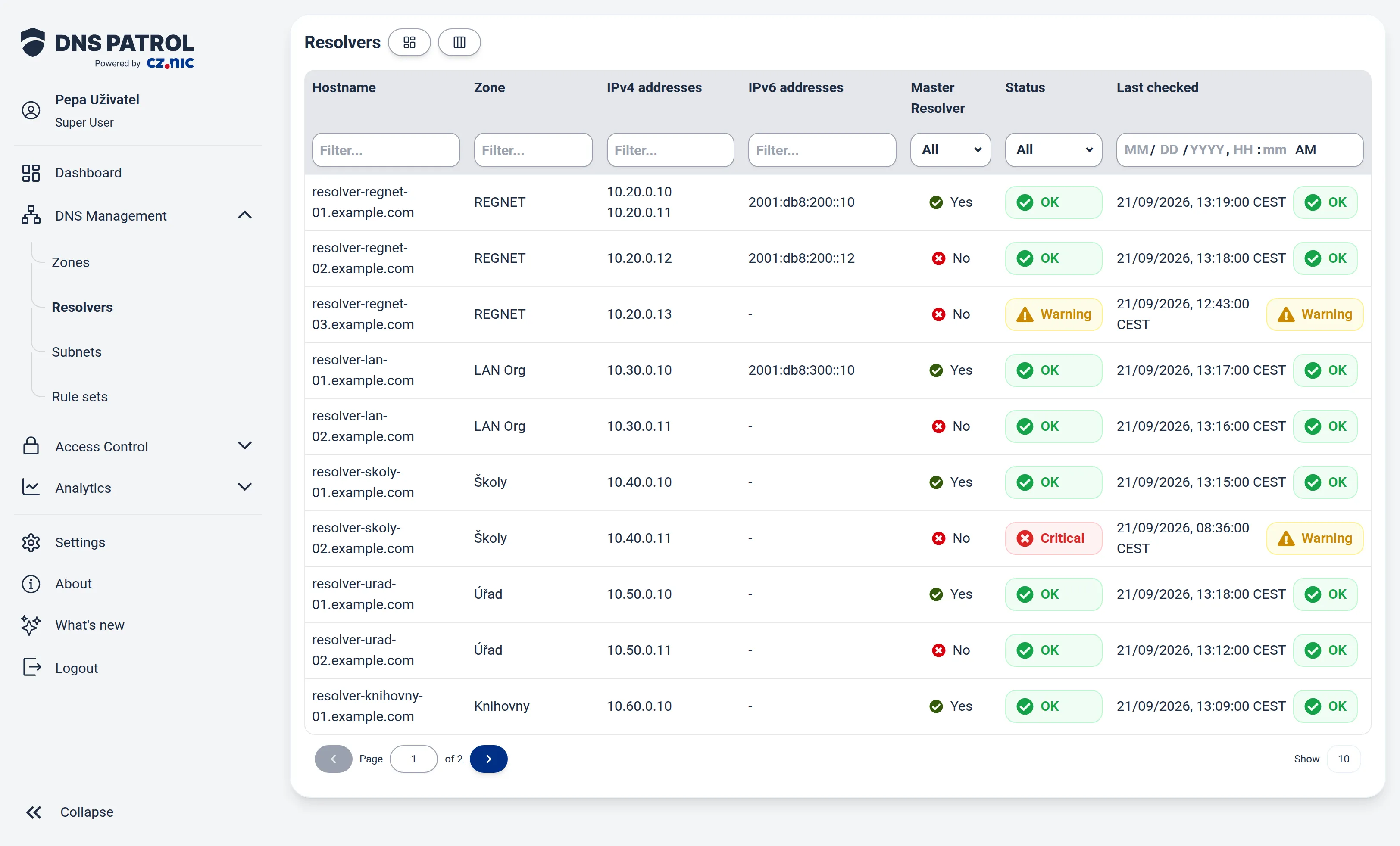The resolvers table with the status of each server.