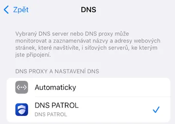 Výběr DNS PATROL místo automatického nastavení.