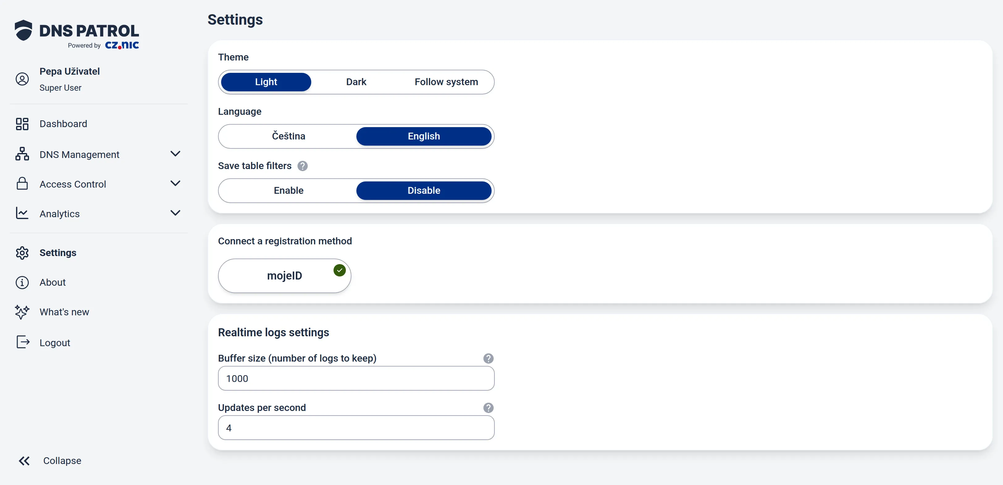 The Settings page.