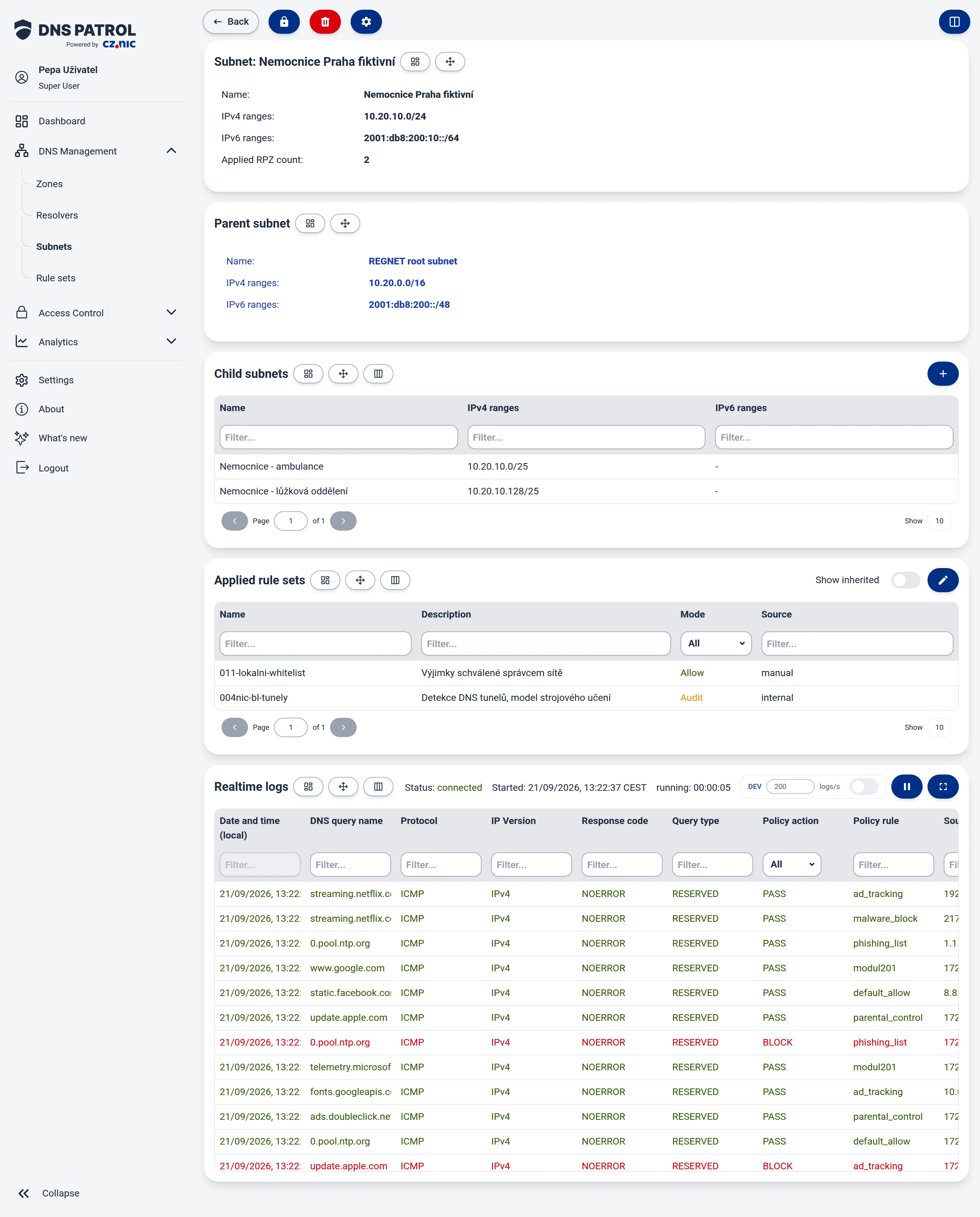 Subnet details with child subnets, applied rule sets and realtime logs.