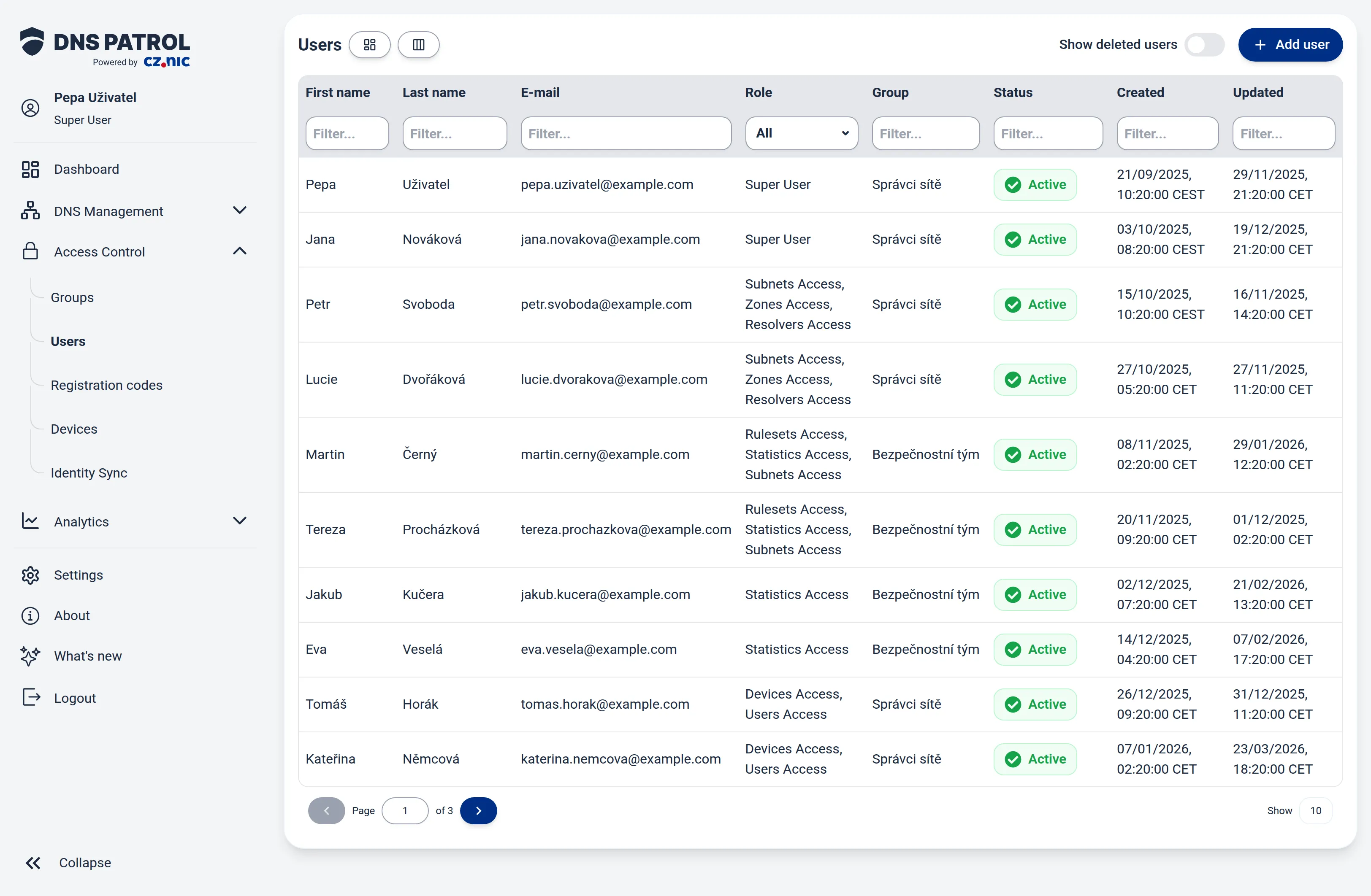 The users table with assigned roles and groups.