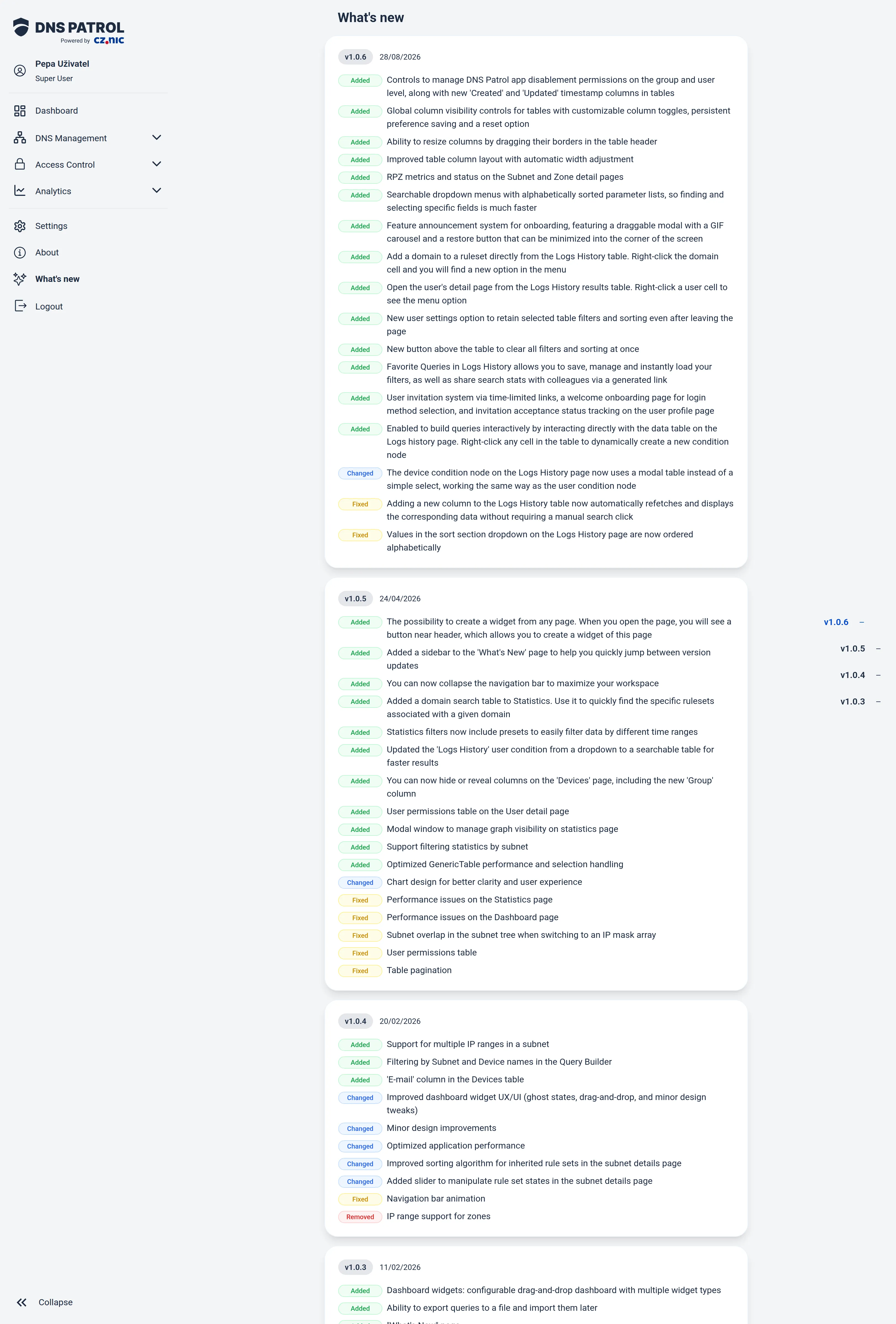 The What's new page with the version sidebar.